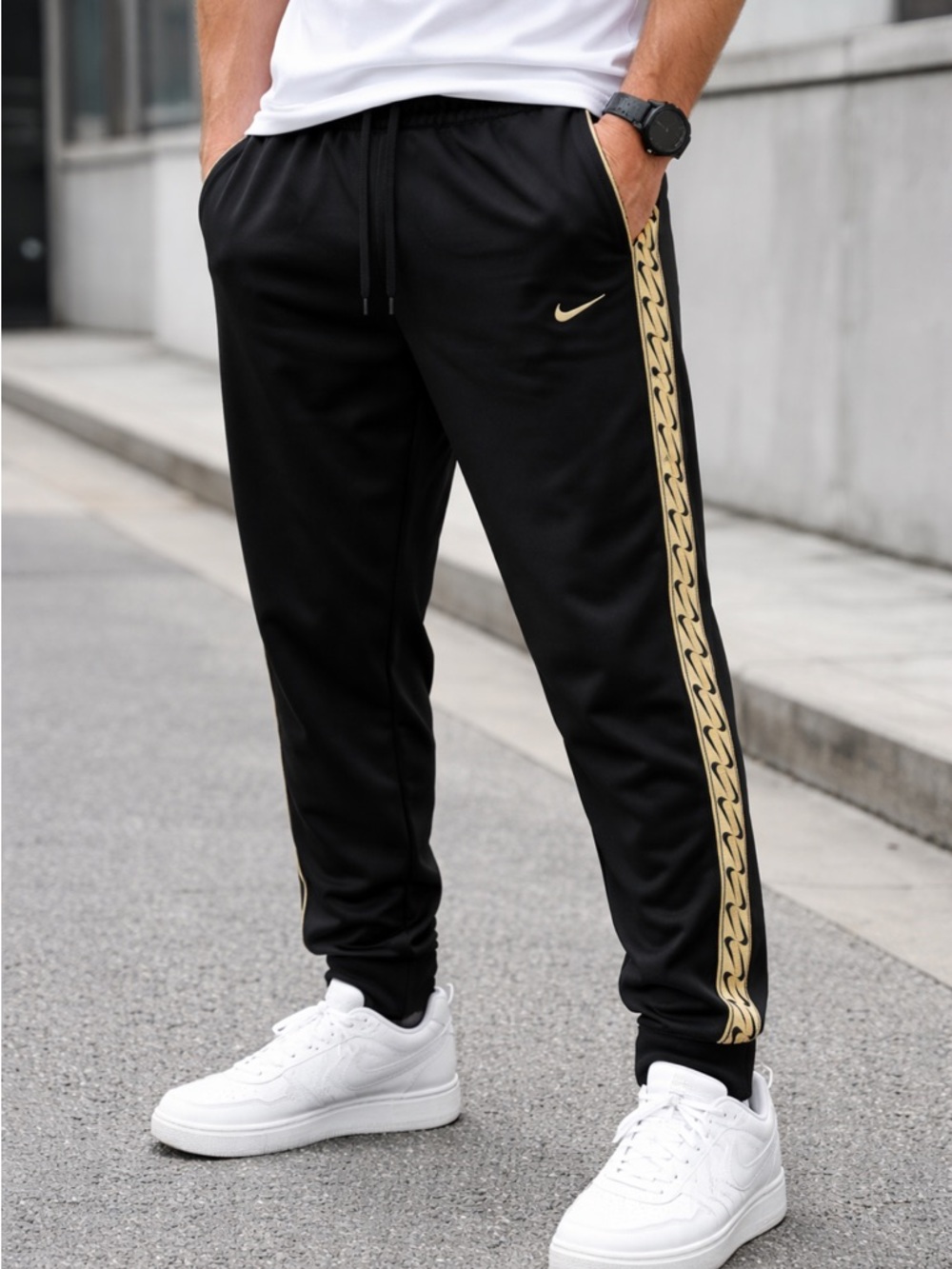 Men's Black Track Pants with Gold Accents Size Large